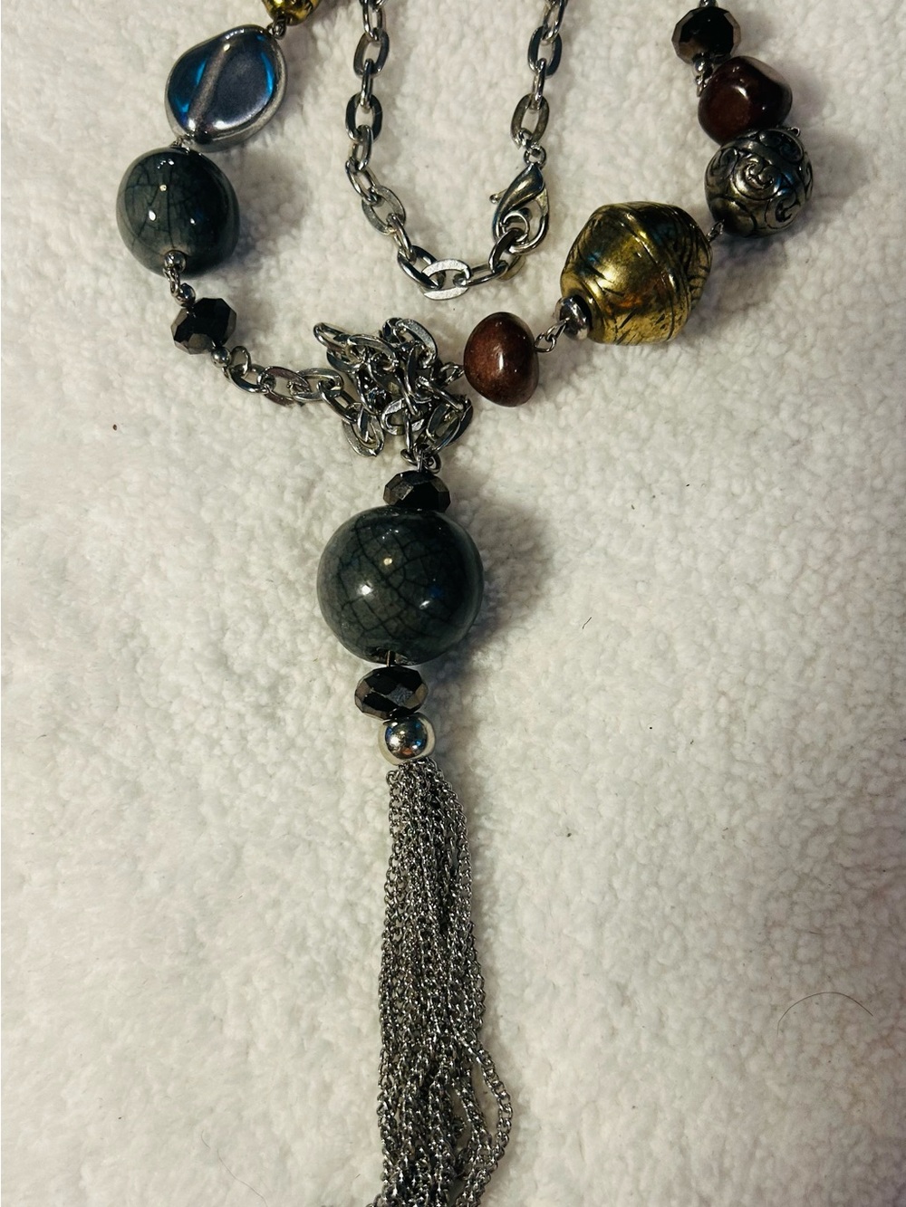 Handcrafted Multi-Bead Tassel Necklace in Green and Gold